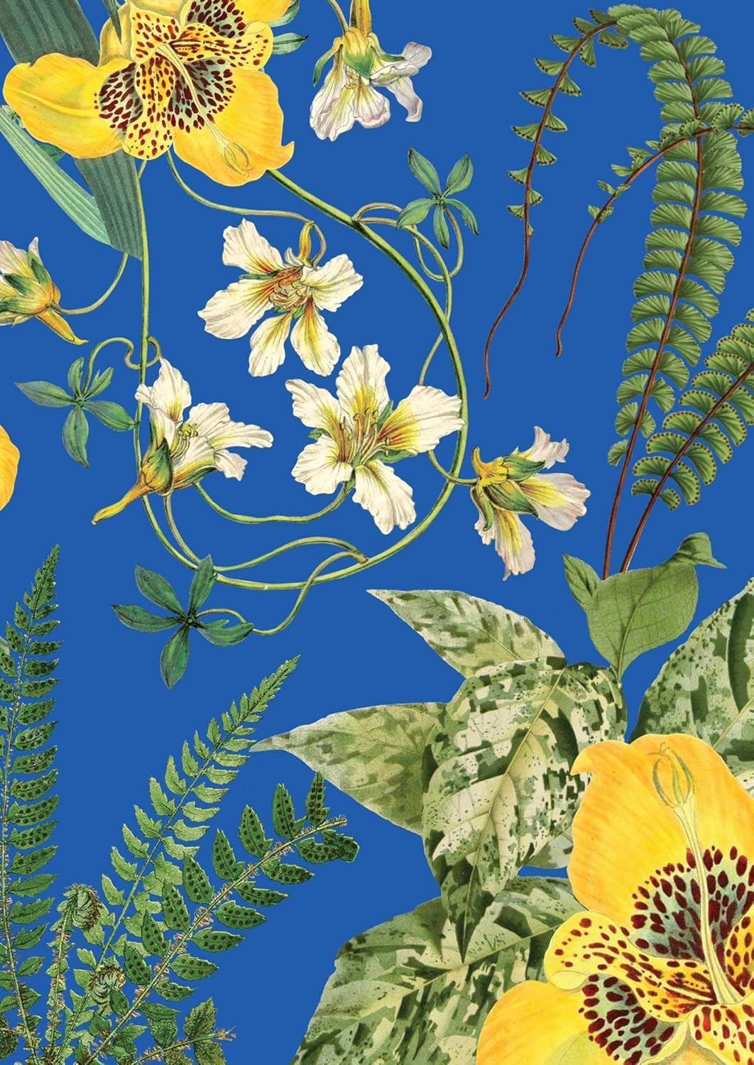 Floral and fern pattern with yellow and white flowers on a blue background