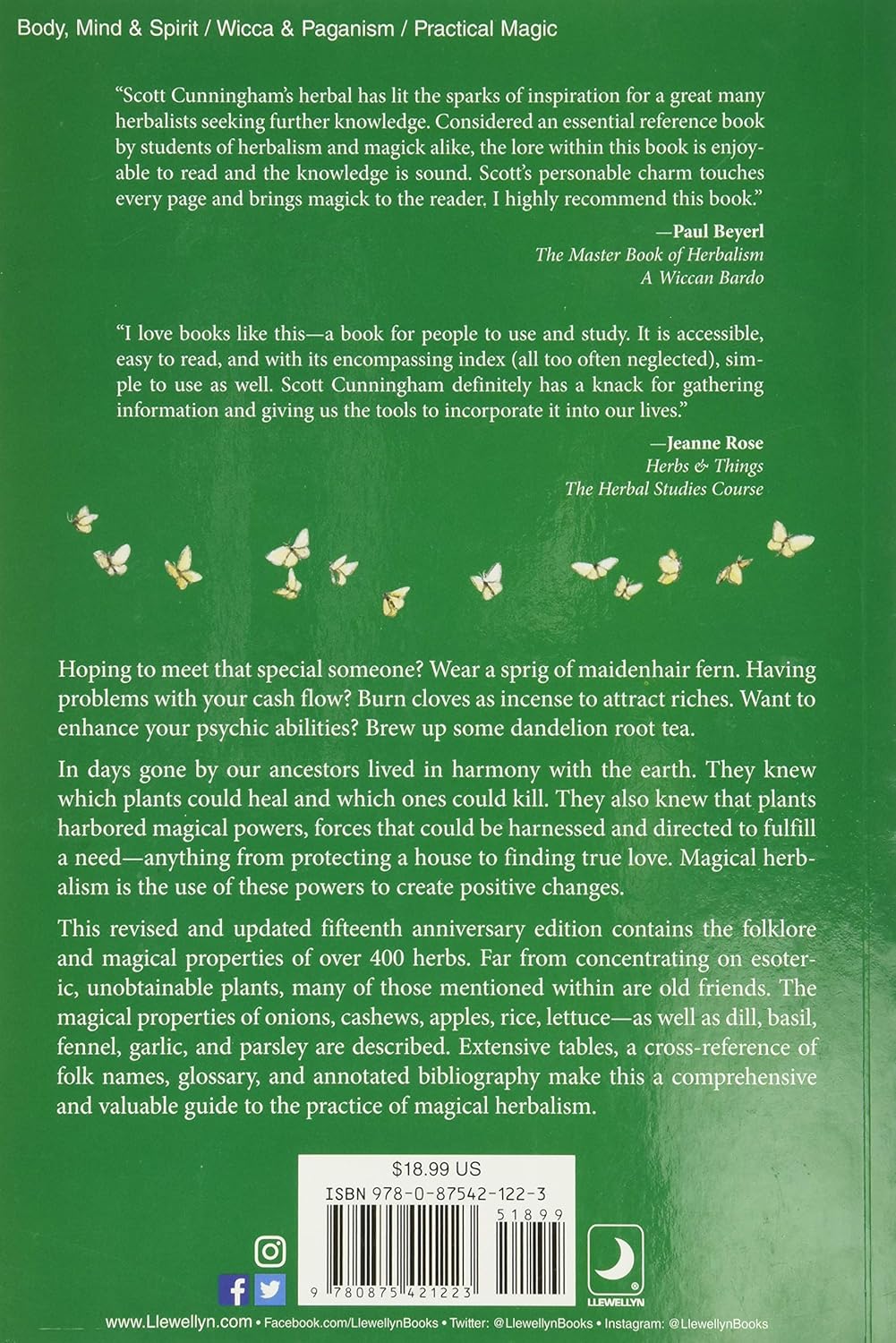 Back cover of a book with text and decorative elements on a green background
