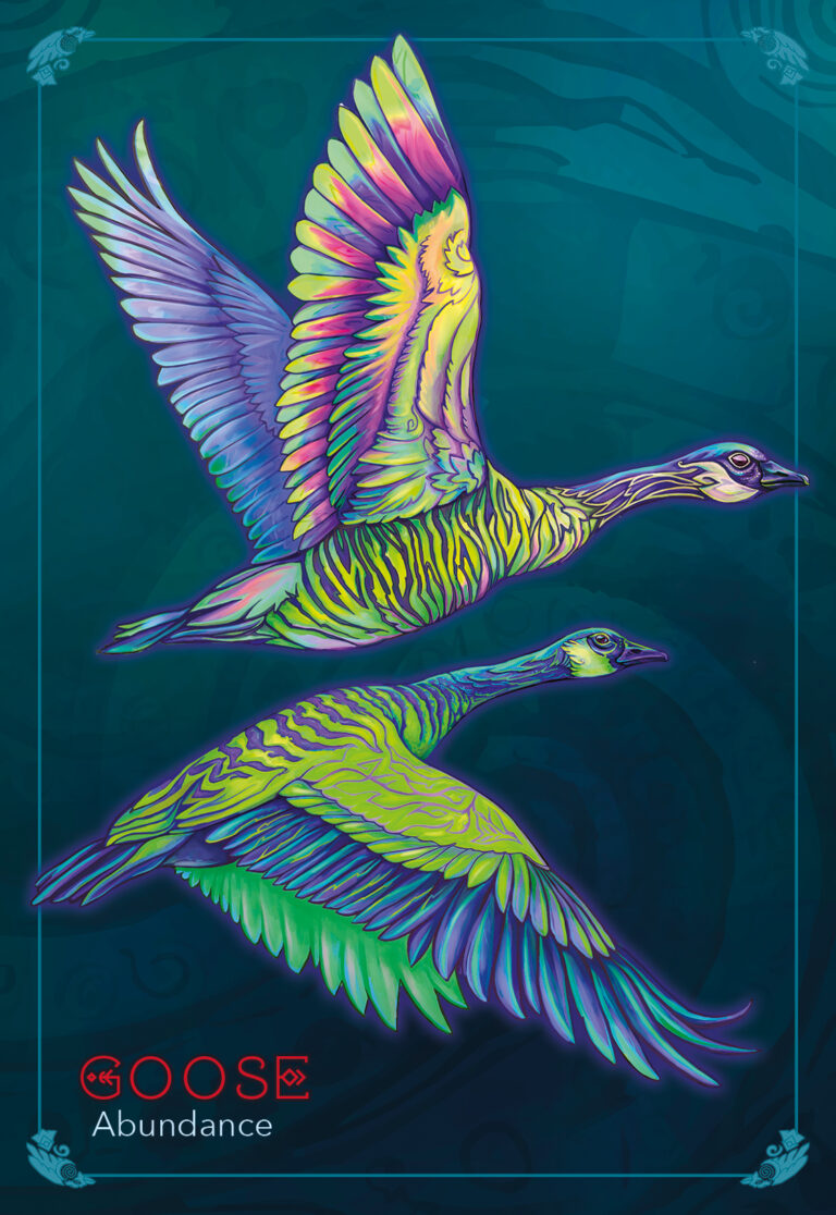 picture of goose card with two multi color geese on it