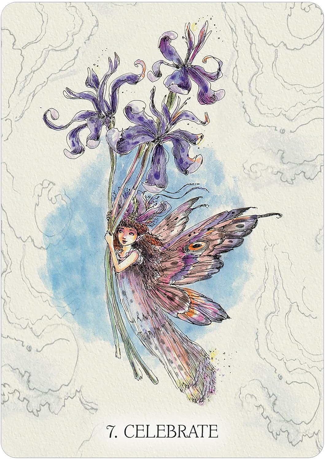 Illustration of a fairy holding purple flowers with &