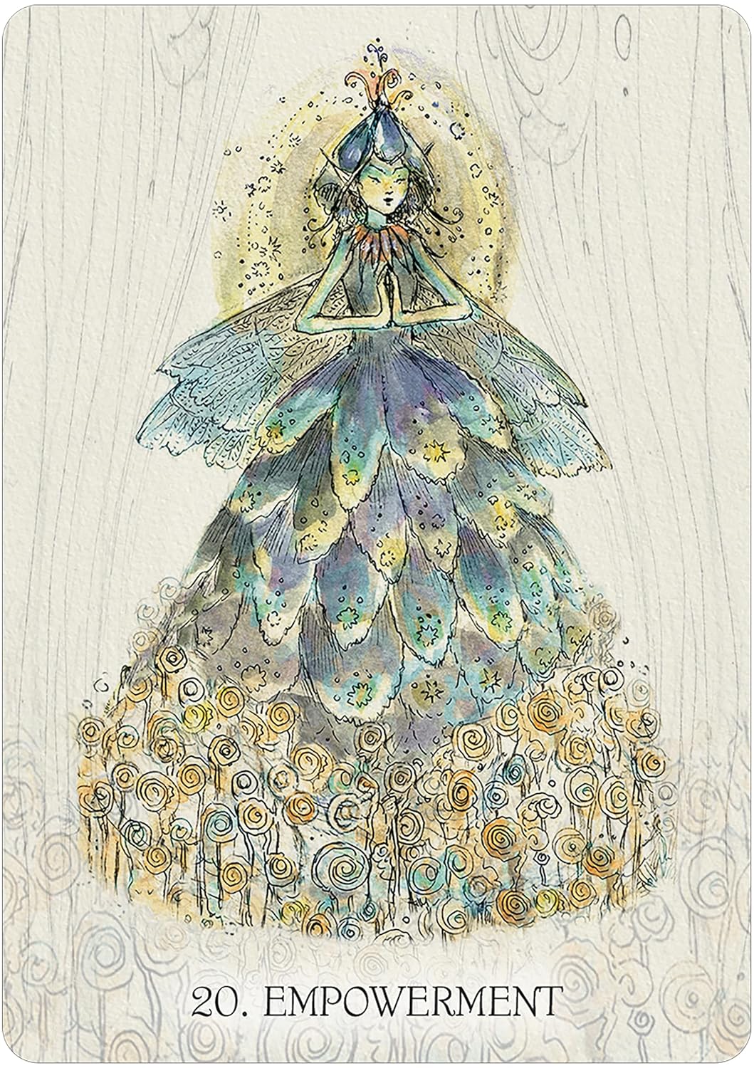 Artistic depiction of a woman in a flowing dress with &