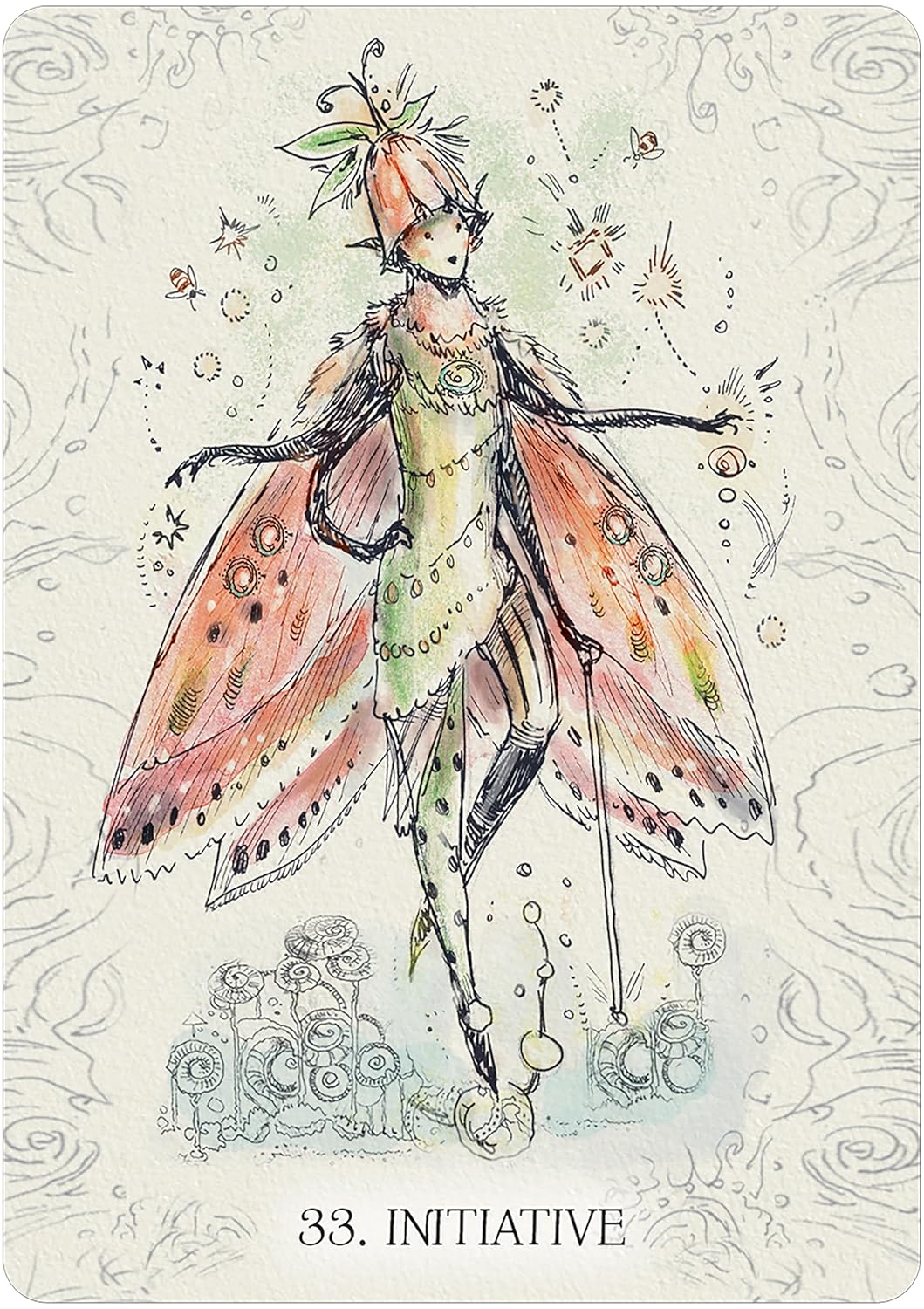 Illustration of a fairy with colorful wings on a decorative background, labeled &