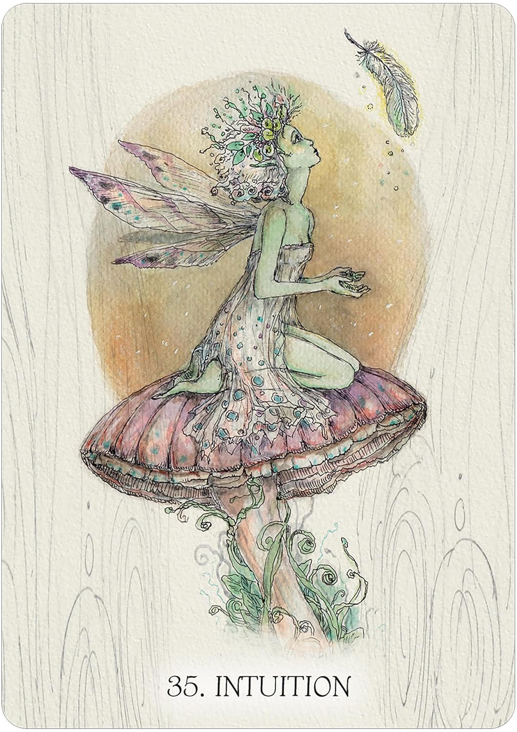 Fairy with a floral headpiece and butterfly wings against a wooden background, labeled &