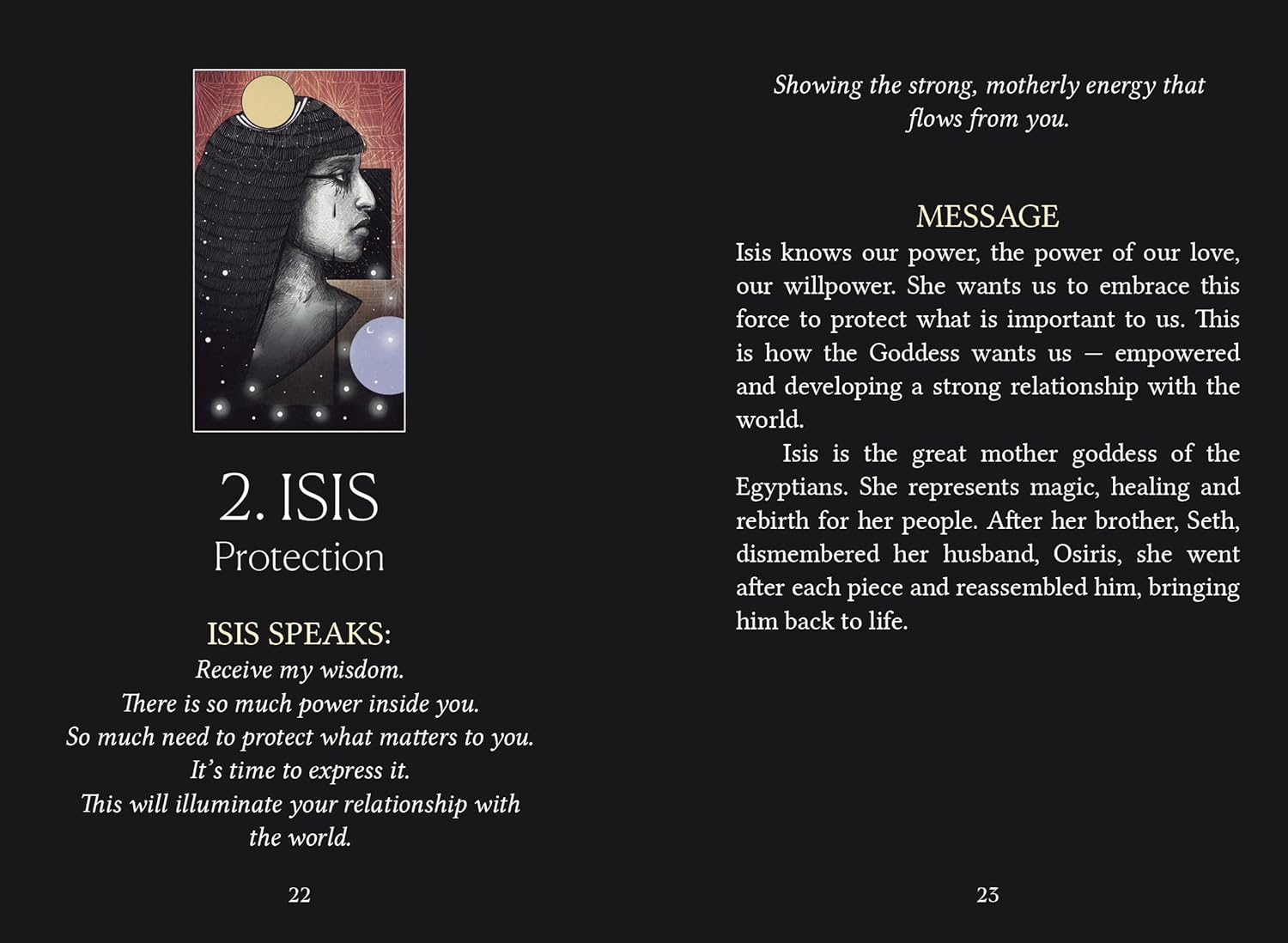 Card featuring Isis with text on a black background