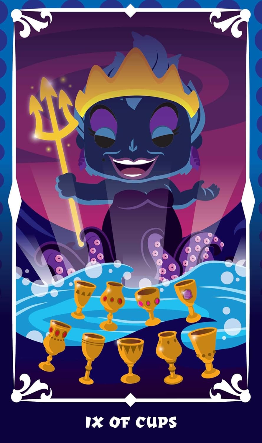 Cartoon character with a trident and cups on a tarot card style background