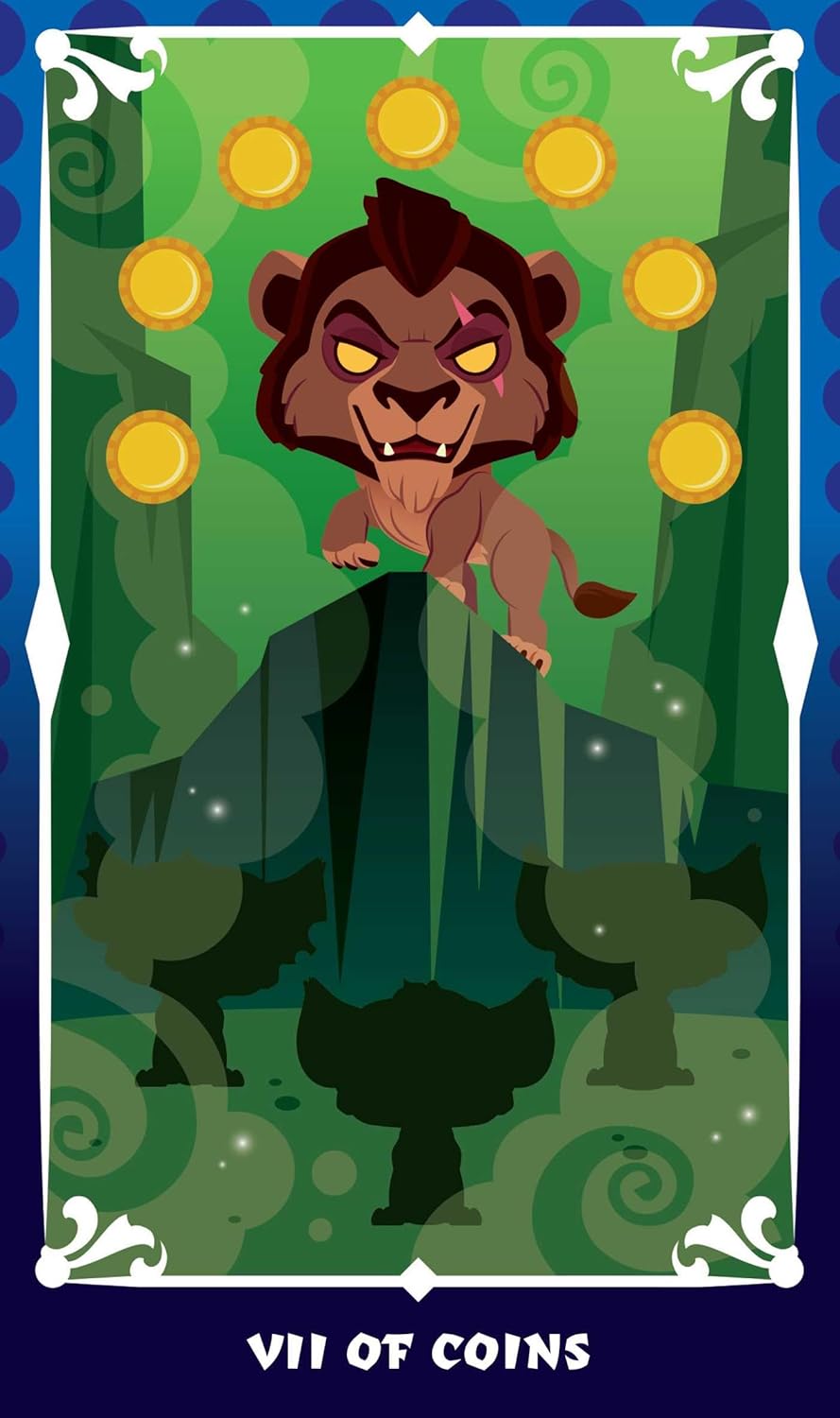 Card from a tarot deck featuring a bear with coins, labeled &