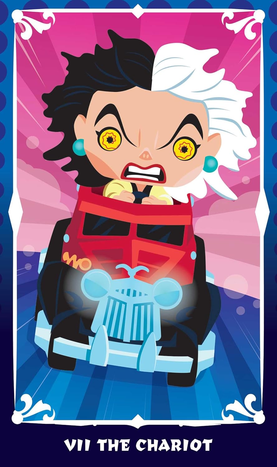 Cartoon character in a car with a colorful background, resembling a tarot card.