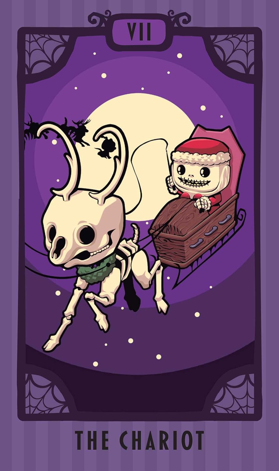 Cartoon skeleton and child in a coffin on a tarot card with &