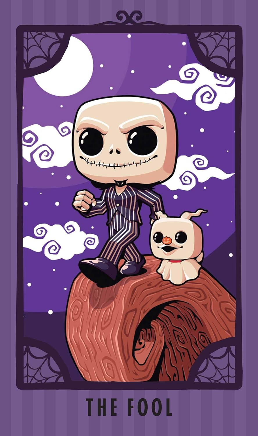 Cartoon skeleton character with a dog on a pumpkin, against a purple night sky with clouds, labeled &