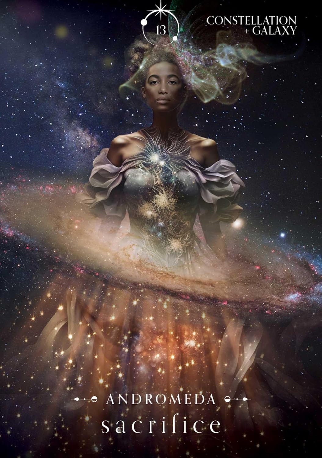 Artistic depiction of a woman with celestial elements and text about &