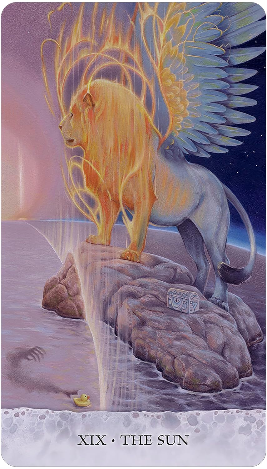 lion with wings on a rock in the water with a small chest next to his foot