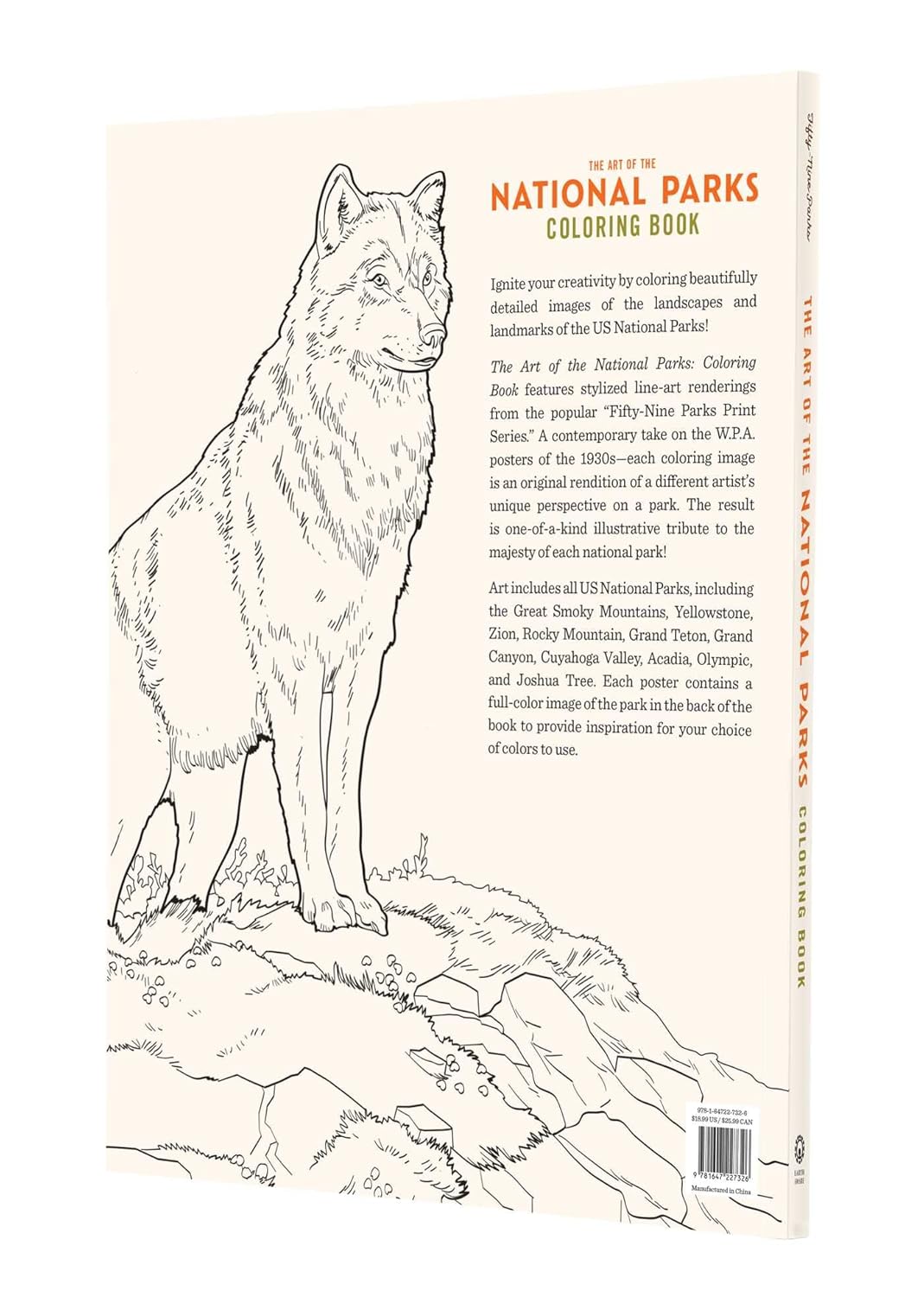 Coloring book page with a wolf illustration and text about National Parks coloring book.