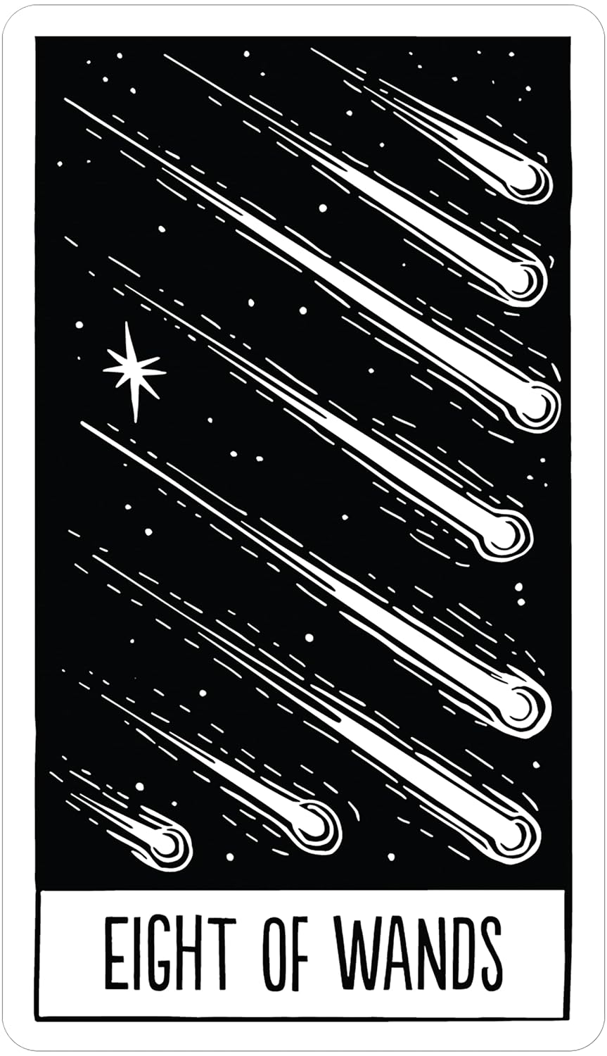 Eight of Wands tarot card with wands and a star on a black background