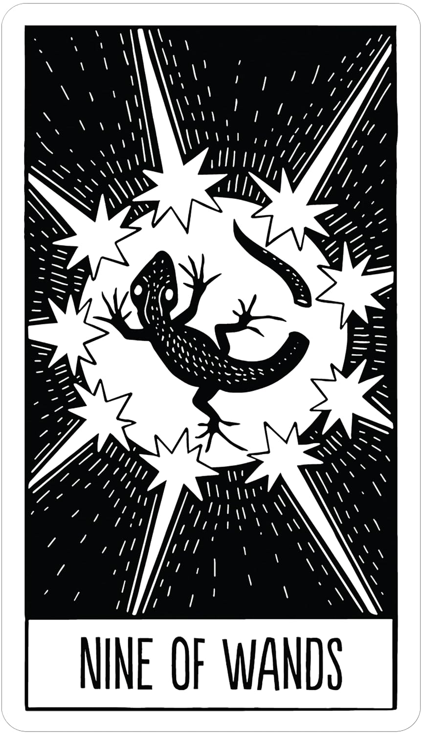 Nine of Wands tarot card with black and white design