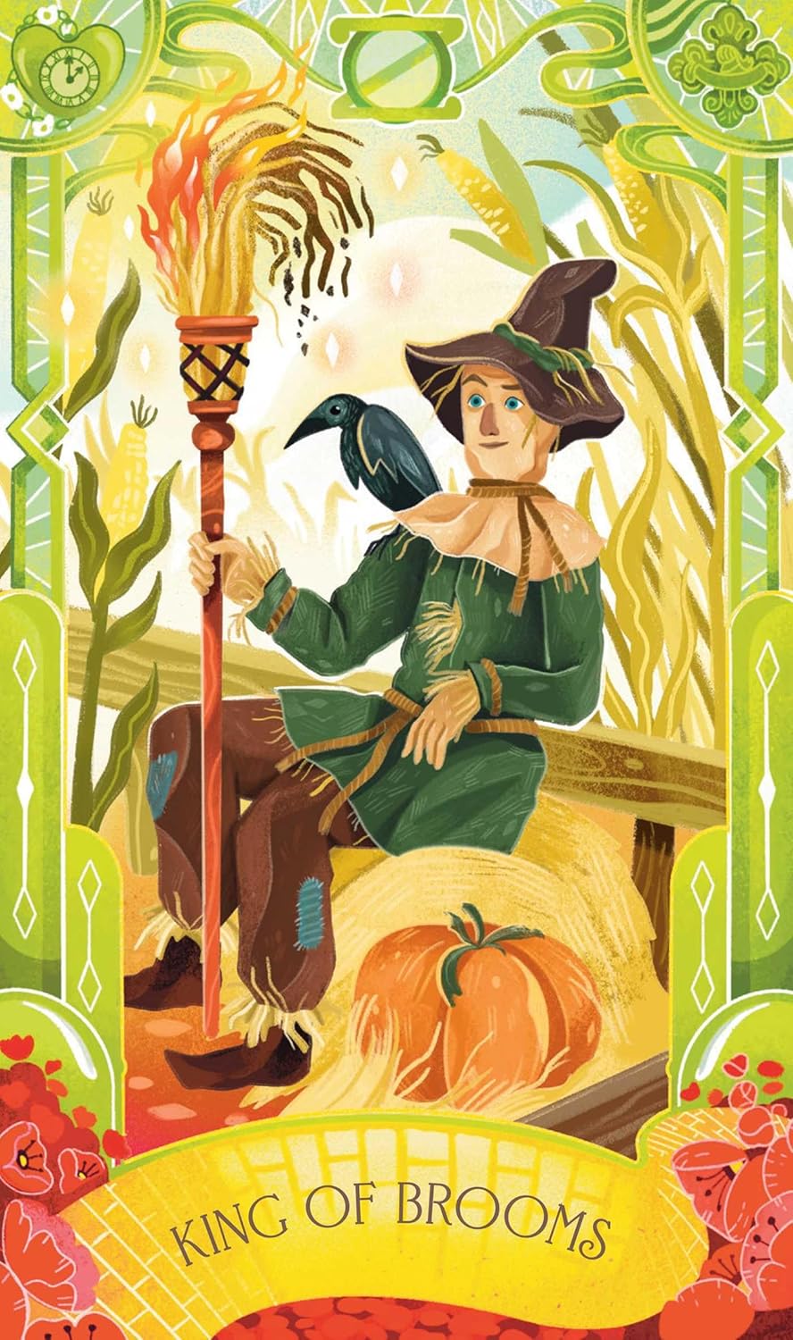 Illustration of a character holding a broom with decorative elements and text &