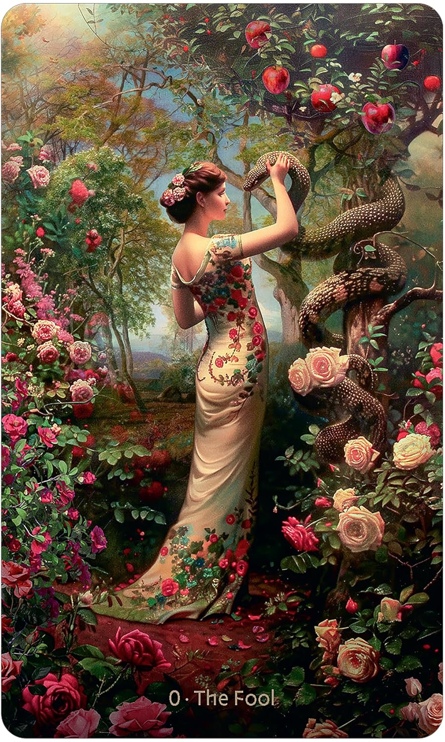 Woman in a garden with a snake, surrounded by flowers and fruit