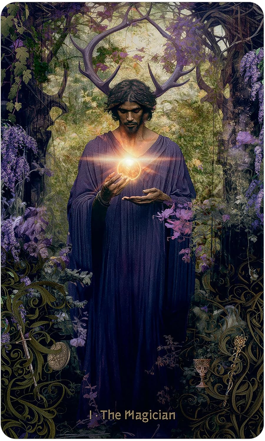 Tarot card featuring a figure in a purple robe holding a glowing orb, surrounded by nature elements.