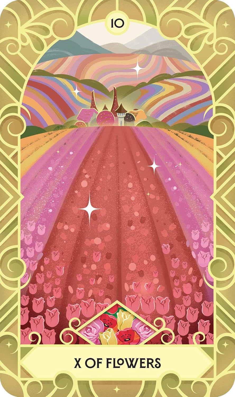 Card from a tarot deck featuring a path with flowers and a castle in the distance.