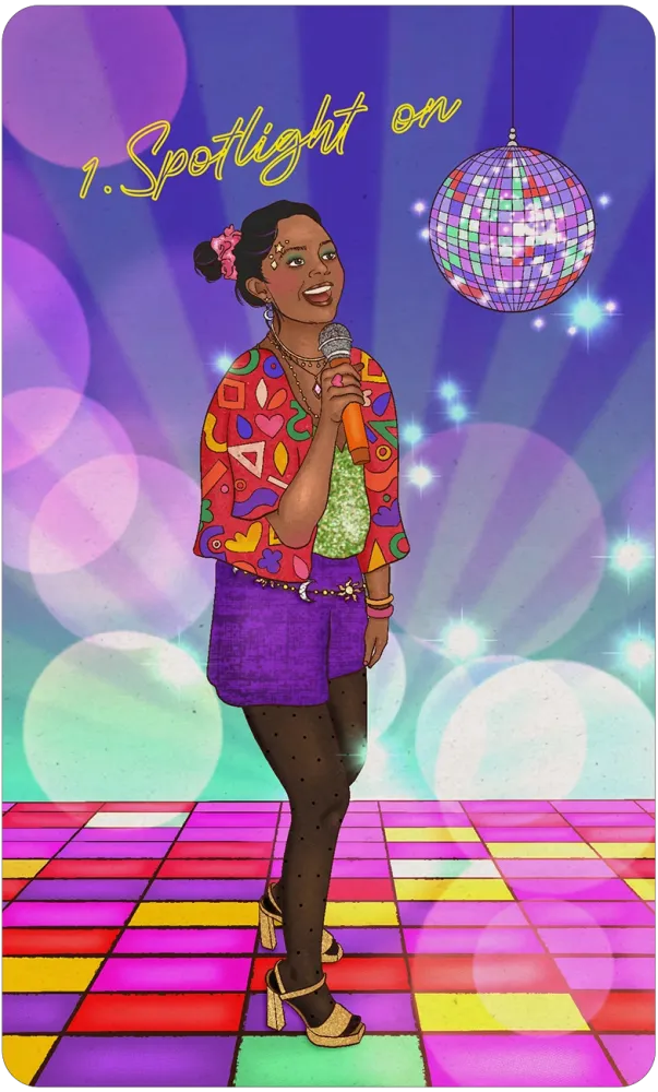 spotlight on card of a young lady singing with a disco ball with a floor lite up.