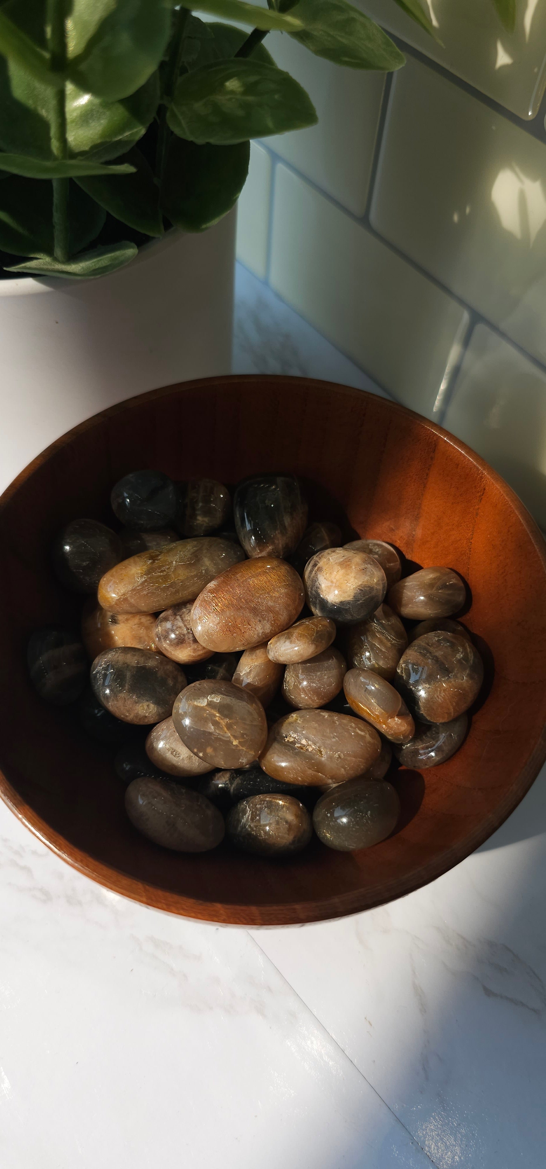 Black Moonstone crystals stones in a wooden bowl