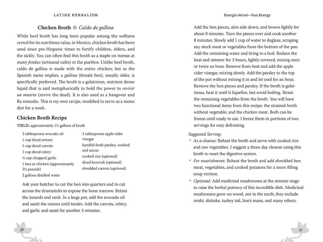 Page from a book or magazine with text on chicken broth recipe and latine herbalism.