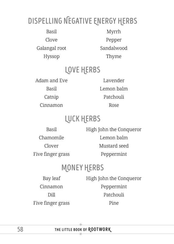 List of herbs categorized by their perceived effects on energy, love, luck, and money from &