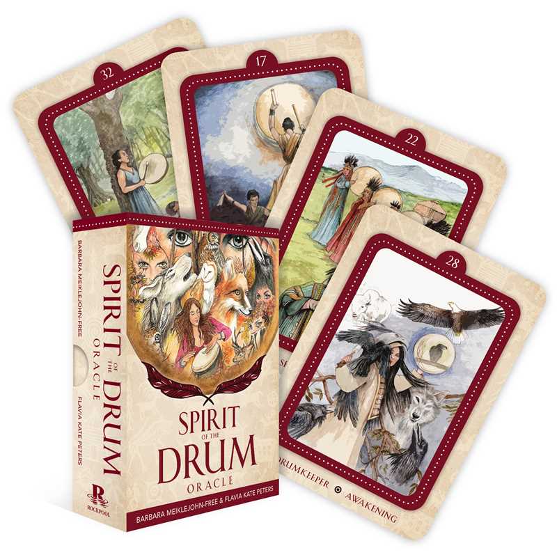 Spirit of the Drum Oracle cards with colorful illustrations on a white background