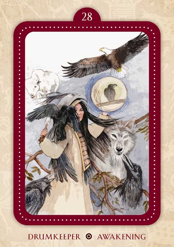 Card from a tarot deck with an eagle, wolf, and other animals, featuring the number 28 and text &