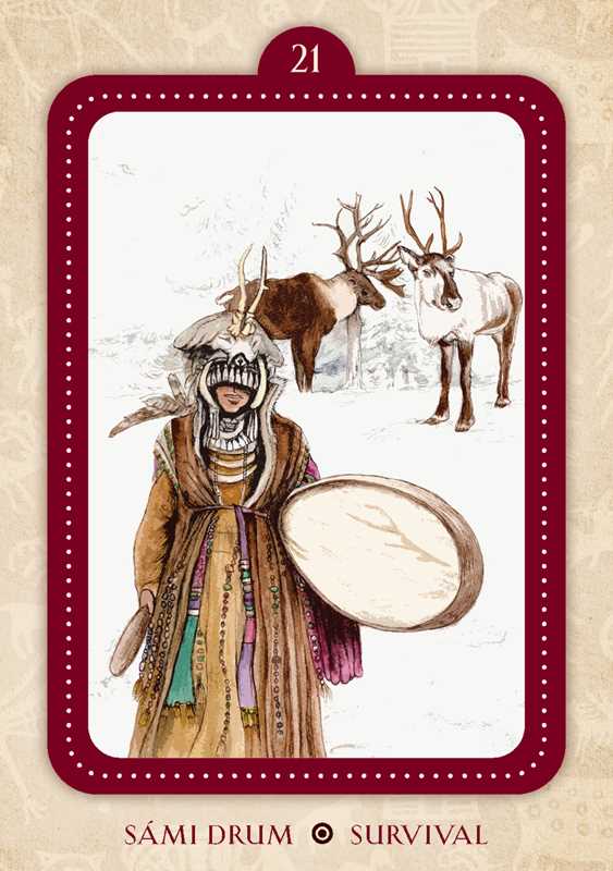 Card with a person in traditional attire holding a drum, surrounded by reindeer, on a beige background.