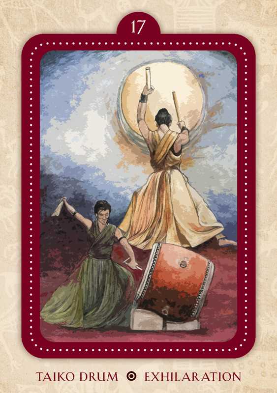 Card with an illustration of two people playing a taiko drum, labeled &