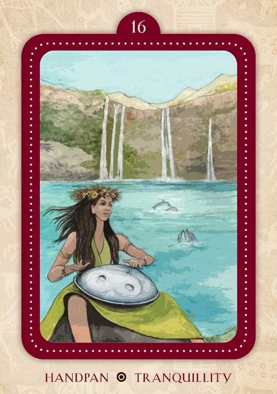 Tarot card with a woman playing handpan by a waterfall