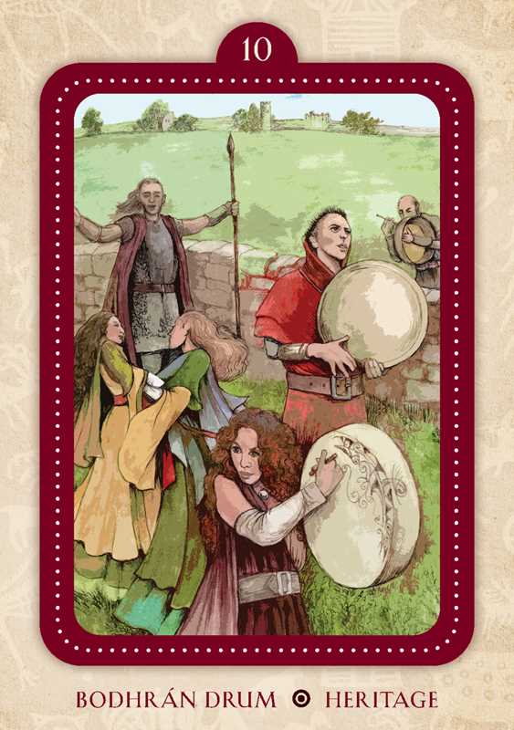 Tarot card with illustrations of people playing bodhrán drums on a beige background