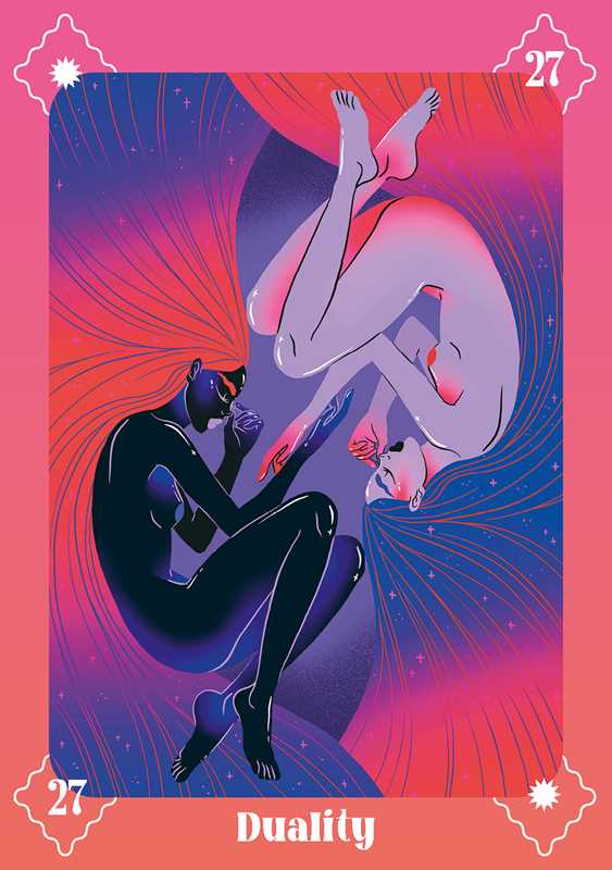 Illustration of a person in a black outfit and another in a white outfit with &