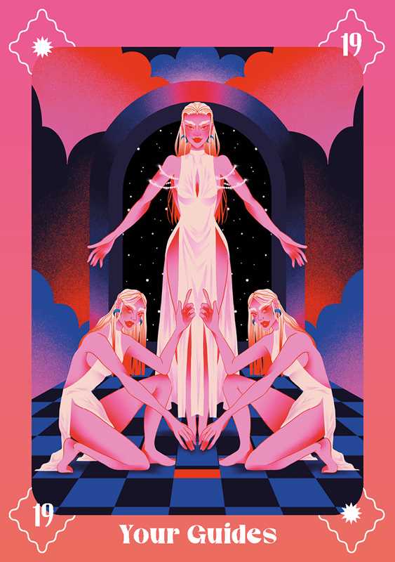 Tarot card with a central figure and three kneeling figures on a pink and purple background