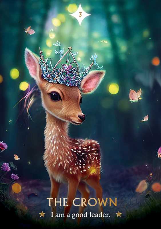 Deer with a crown in a forest setting, surrounded by butterflies and glowing lights.