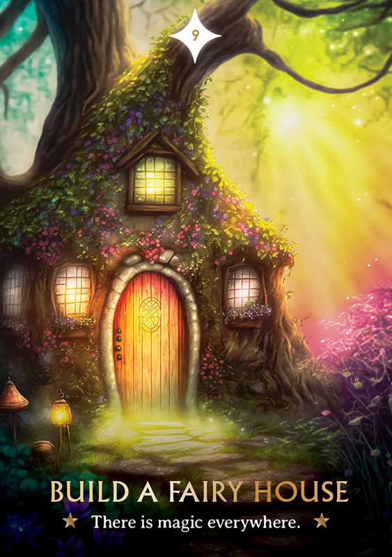 Fantasy fairy house in a forest with glowing lights and flowers, text &