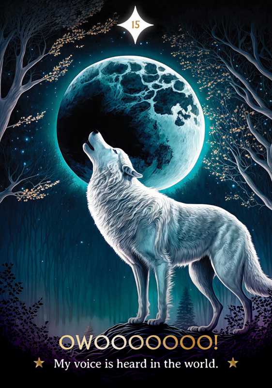 Wolf howling at a full moon with trees and stars in the background