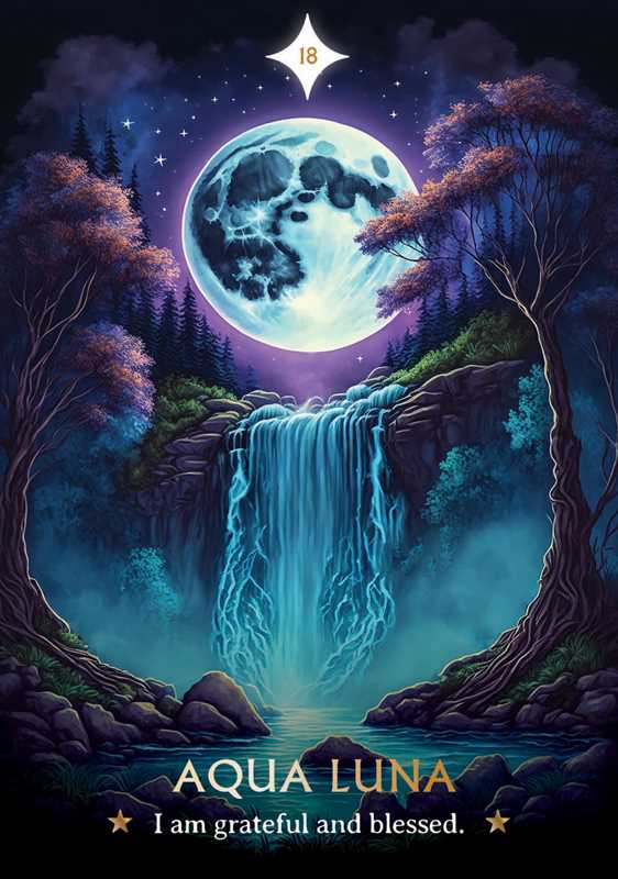 Magical forest scene with a waterfall and full moon, featuring the brand &