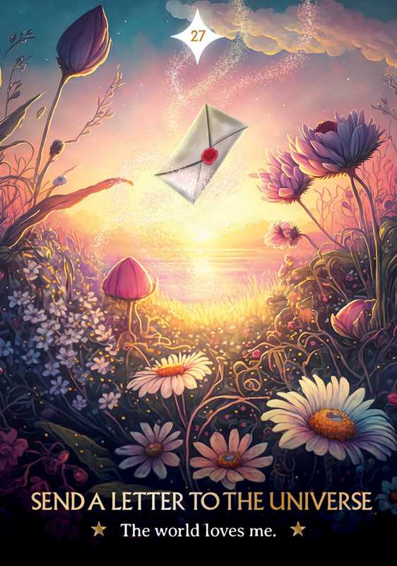 Fantasy scene with flowers, a letter, and a star, featuring text &