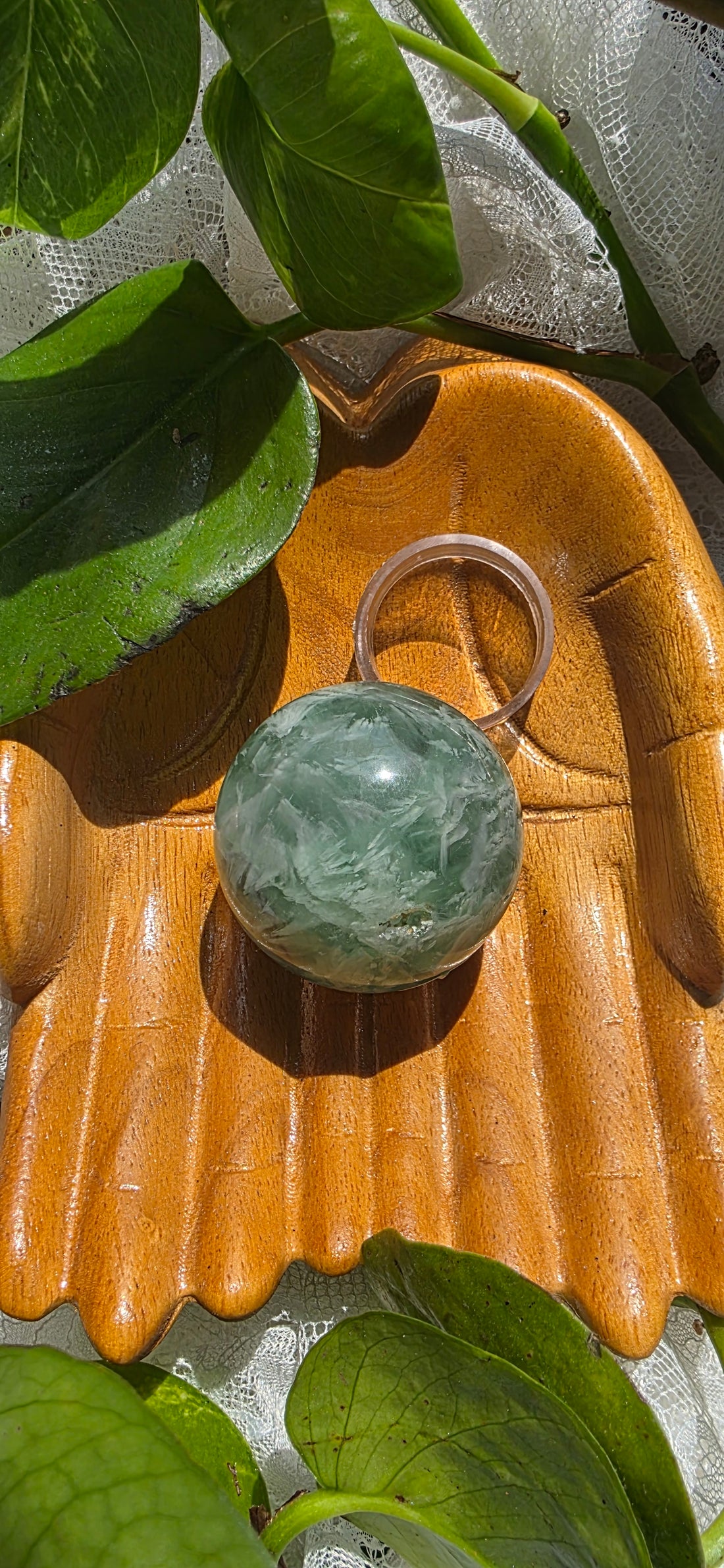 Green Feather Fluorite Sphere with Clear Stand