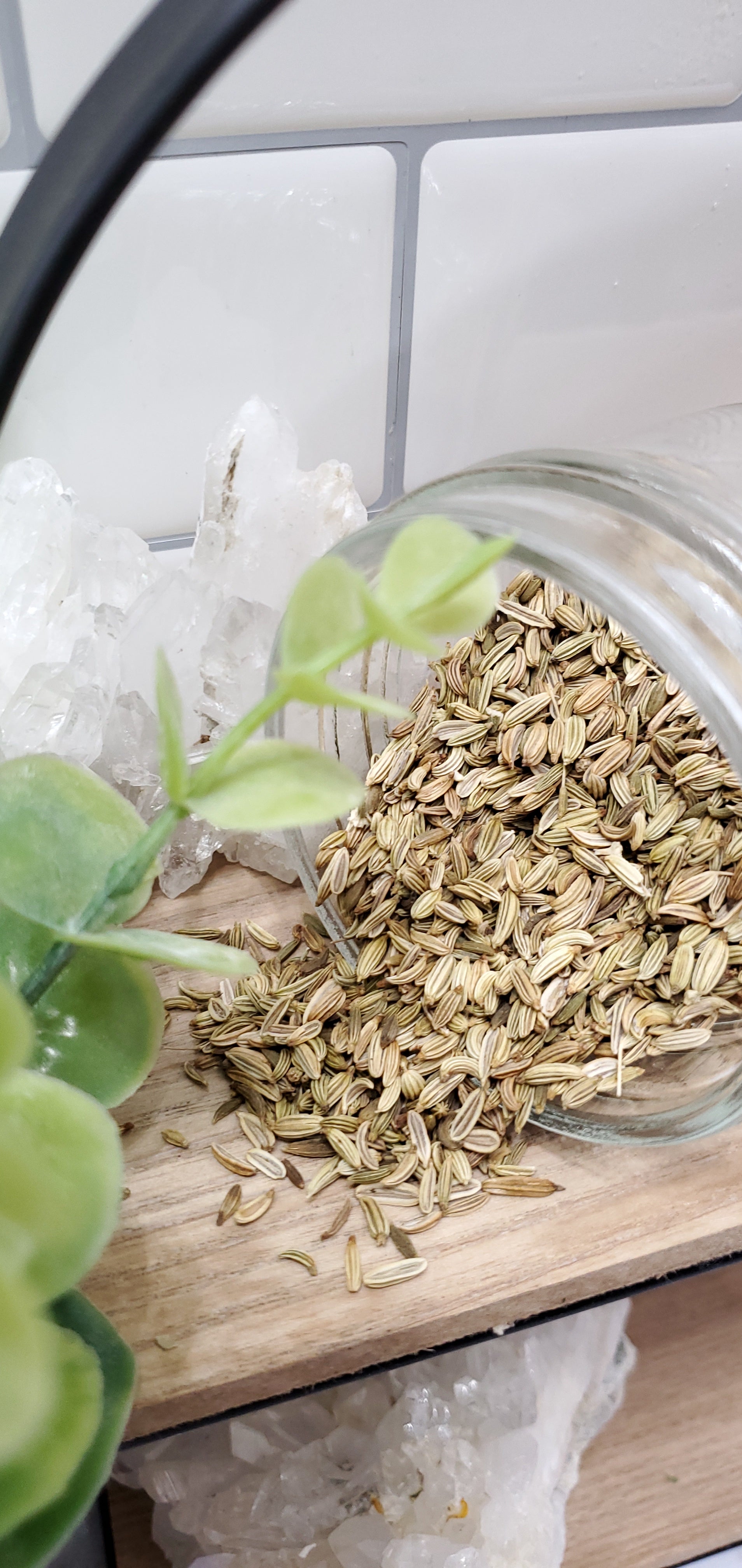 Fennel Seed spilling from a glass jar on to a shelf