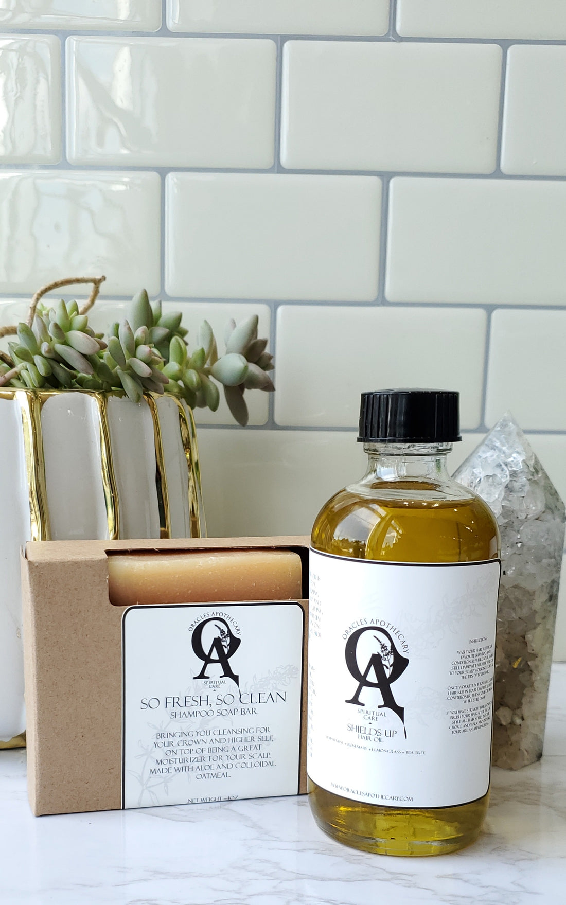 Shields-Up-Hair-Oil and body soap sitting together