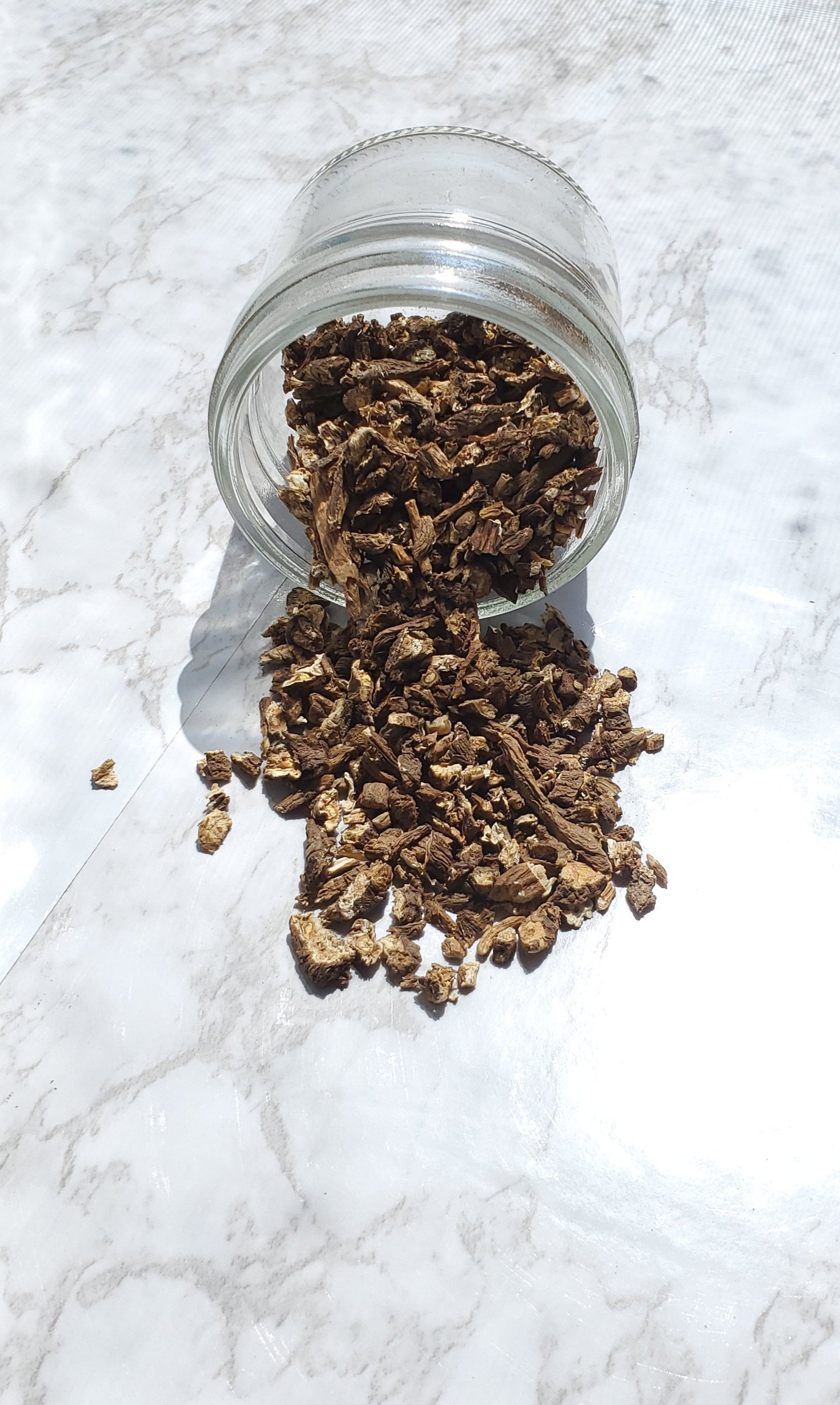 dandelion root spilling out of glass jar on to a white table