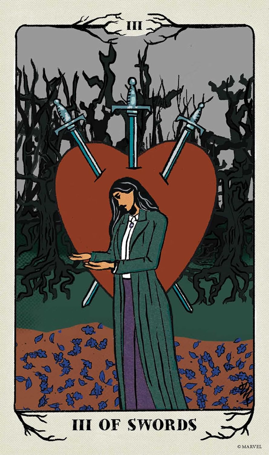 pictured girl in front of heart with 3 swords in it