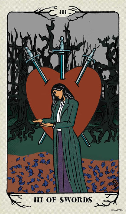 pictured girl in front of heart with 3 swords in it