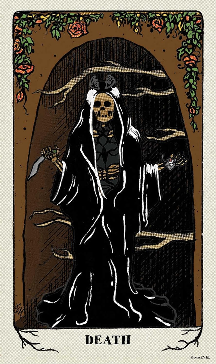 Death card from a tarot deck with a skeleton in a long black robe and white hood.