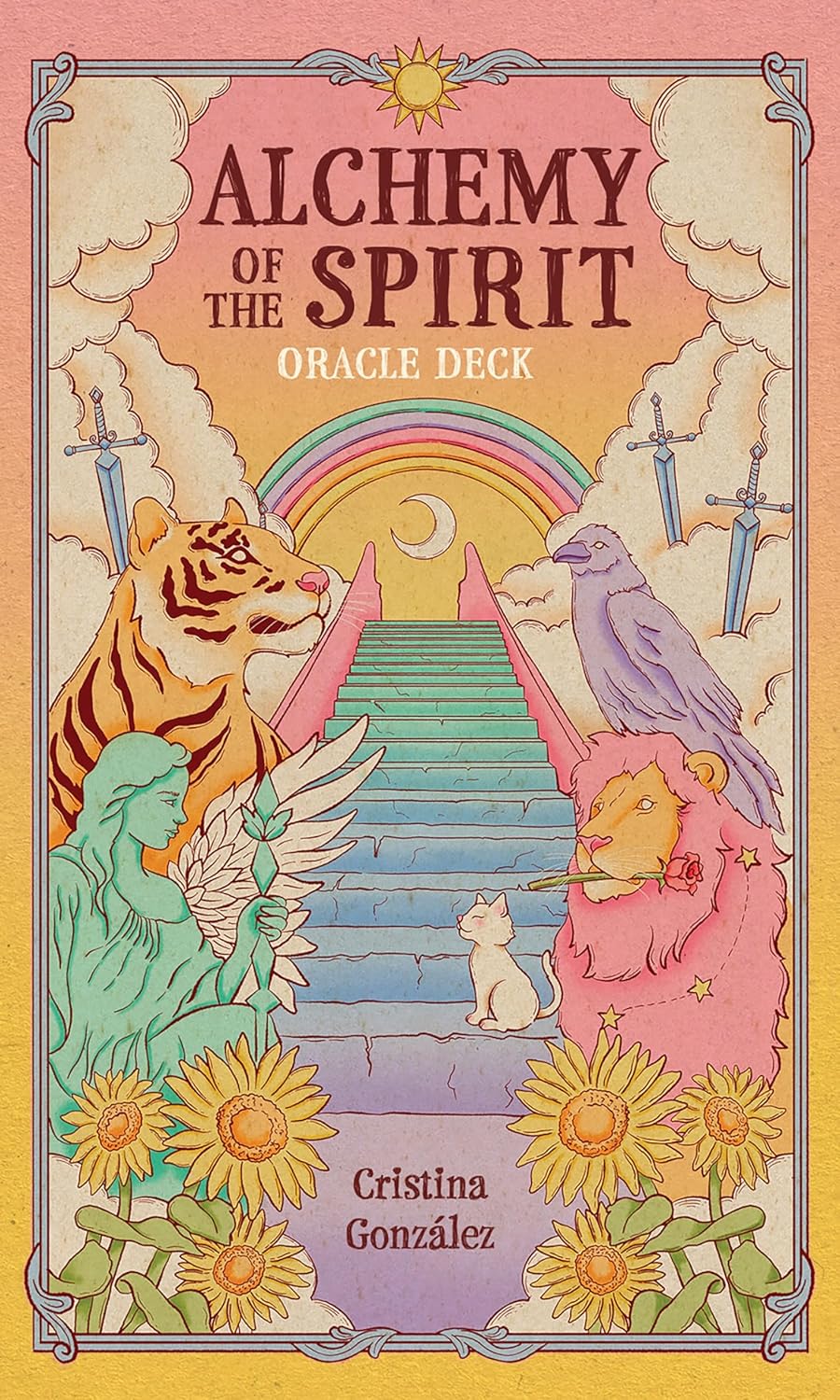 alchemy of the spirit cover with a tiger crow and lion statue and sunflowers