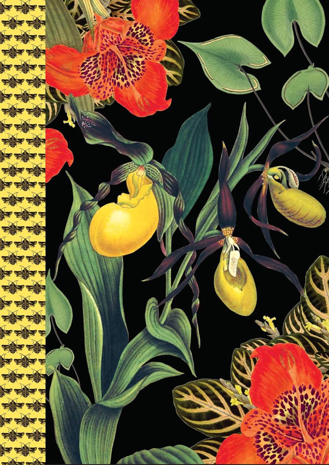 Floral design with red and yellow flowers on a black background