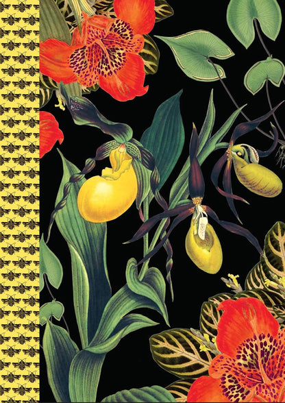 Floral design with red and yellow flowers on a black background
