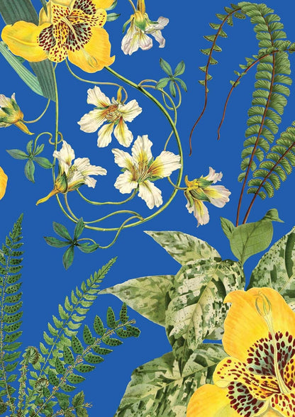 Floral and fern pattern with yellow and white flowers on a blue background